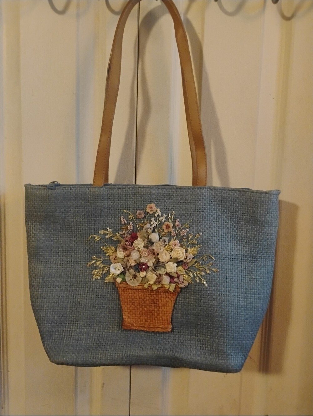 Cappelli Straworld Inc. Blue Woven Tote Bag with Ribbon Flower Basket Applique